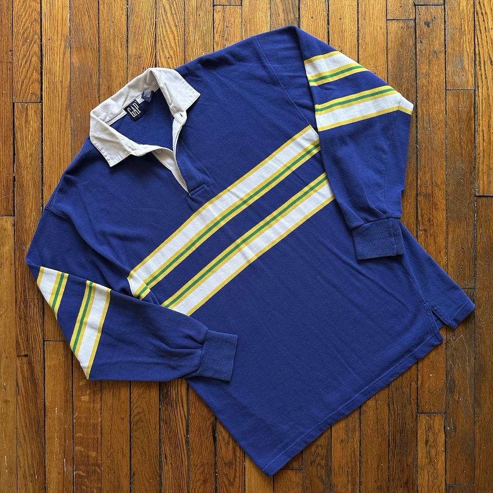 Vtg 90s Gap Rugby Shirt Polo Long Sleeve Men M Blue Colorblock‎ Preppy Collared